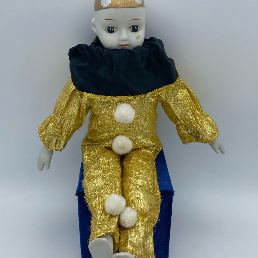 VTG porcelain head & feet jester clown Mardi Gras outfit 12” figure